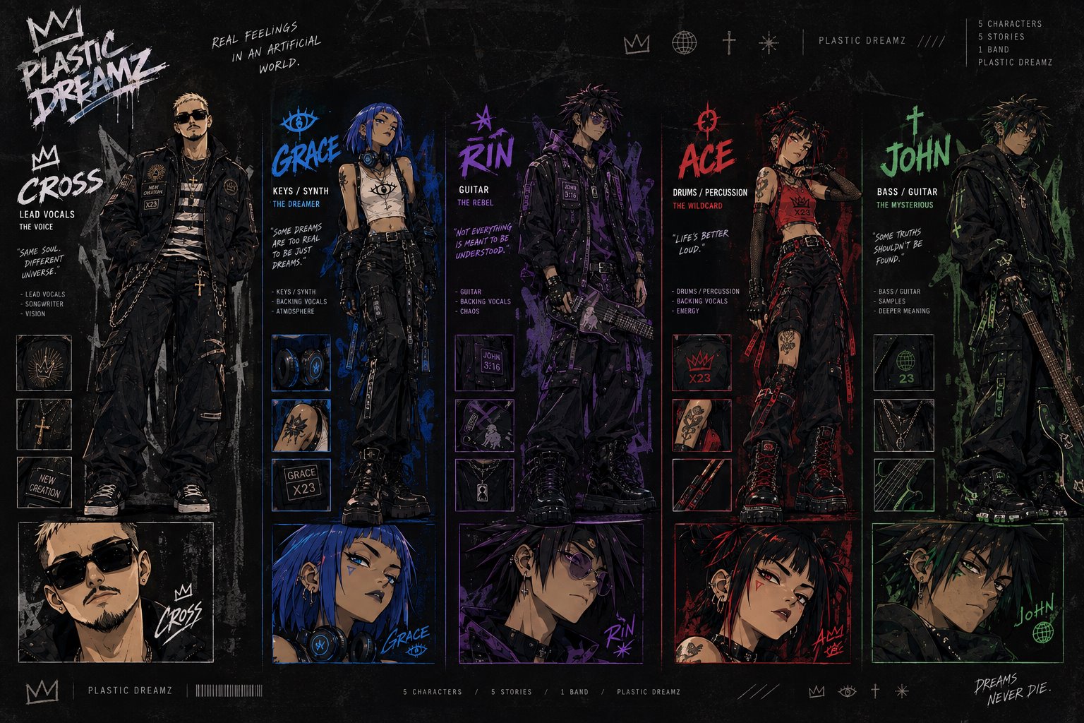 Plastic Dreamz character dossier with all five band members